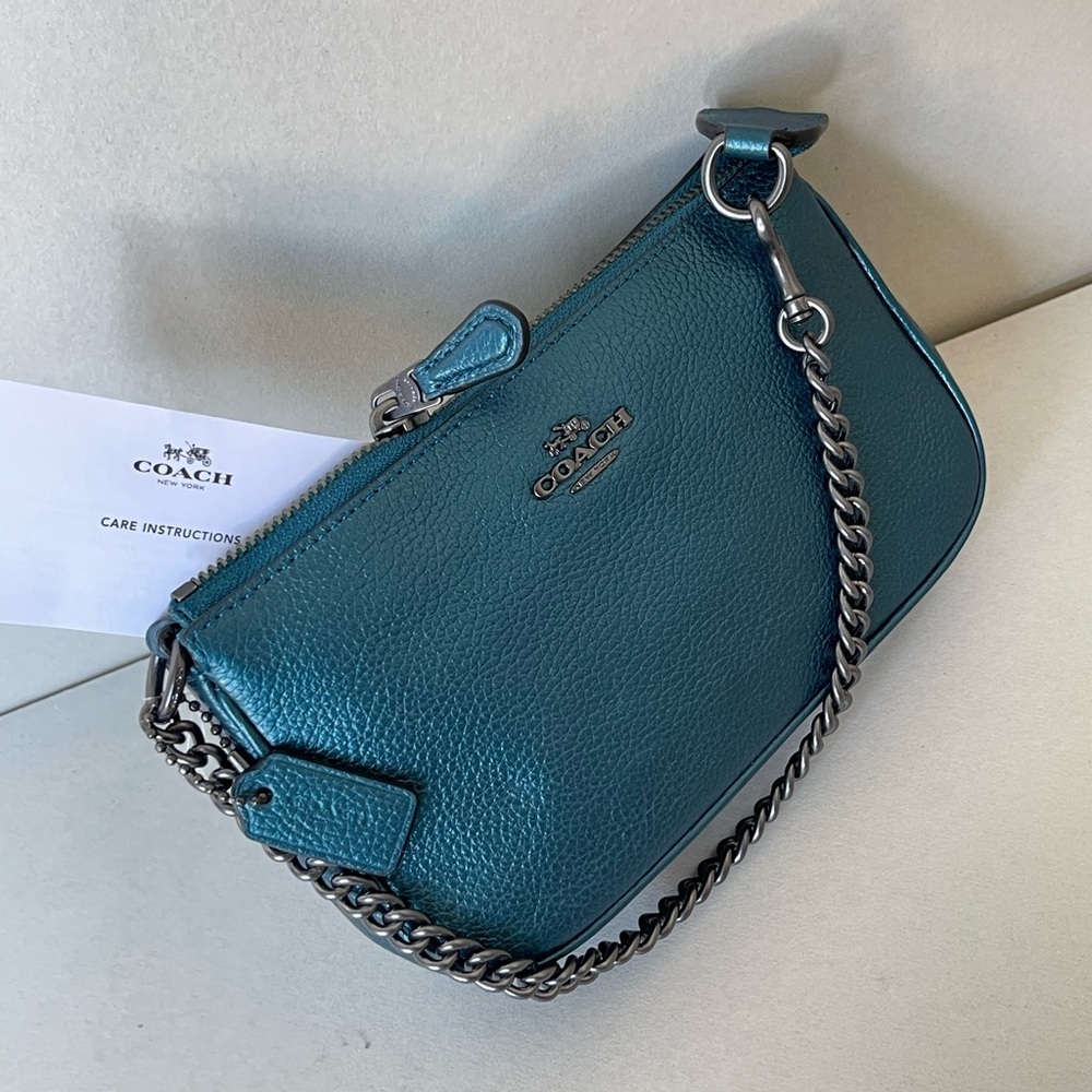 (new+card) Coach large wristlet 19 metallic dark teal fit iPhone Pro Max